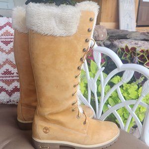 Timberland Wheat Suede and Faux Fur Womens 10 Knee High Lace Up Boots 14" Tall T